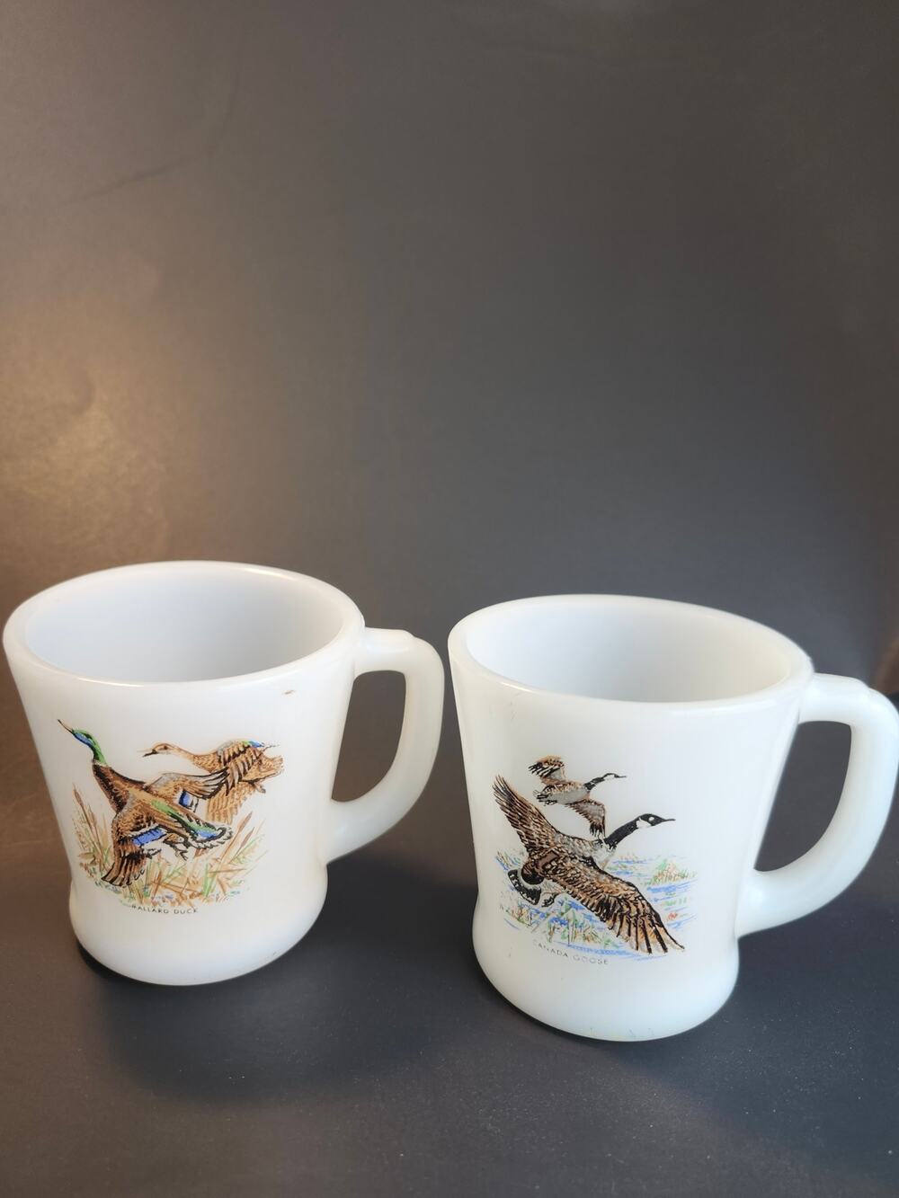 Fire King  Vintage Milk Glass Set Of 2 Coffee Mugs Cups Gamebirds Duck Goose